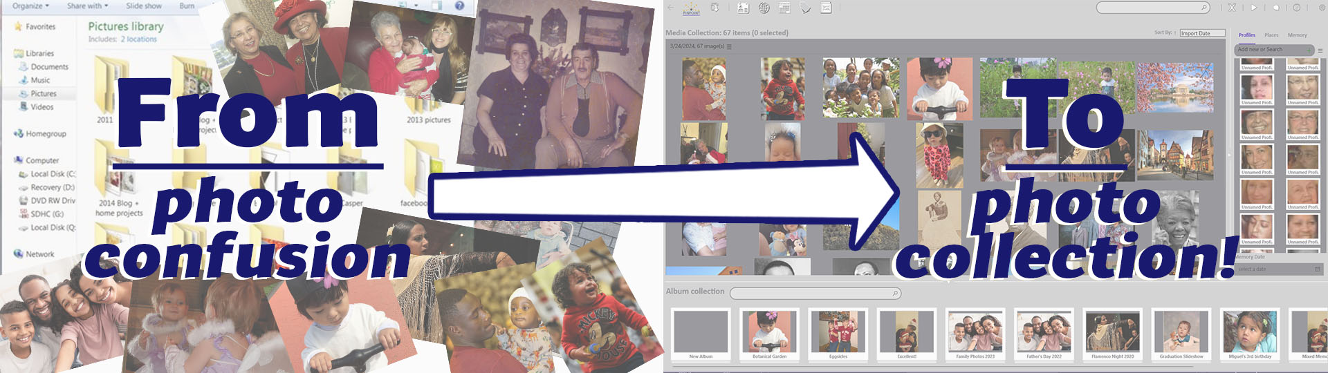 Image of a pile of photos showing kids, grandparents, friends and family.